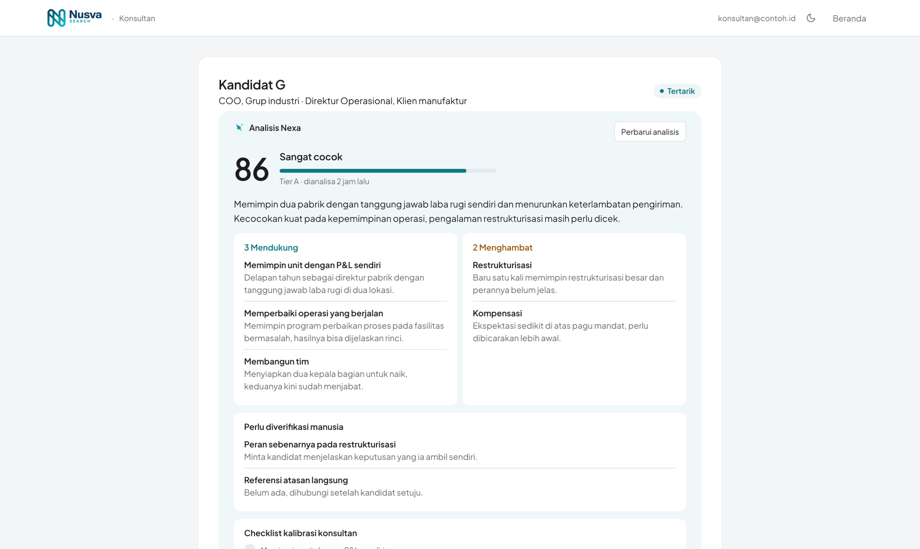 Tangkapan layar analisis Nexa untuk satu kandidat: skor 86 dengan verdict, ringkasan, temuan yang mendukung dan menghambat, hal yang perlu diverifikasi manusia, dan checklist kalibrasi konsultan.