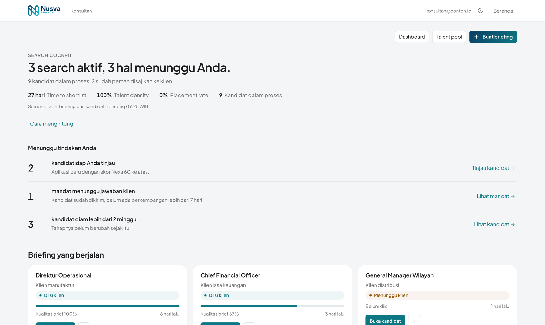 Tangkapan layar Search Cockpit: satu kalimat tentang semua pencarian aktif, empat angka kinerja dengan sumbernya, dan antrean hal yang menunggu tindakan konsultan.
