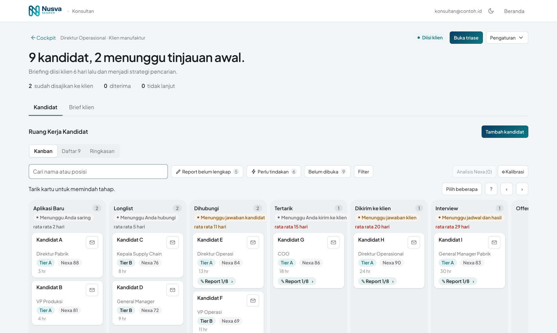 Tangkapan layar papan kandidat: kolom tahap dari aplikasi baru sampai interview, tiap kartu memuat tier dan skor Nexa, tiap kolom menunjukkan siapa yang sedang ditunggu.
